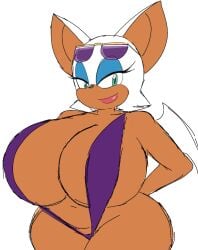 momiji_(artist) sega sonic_(series) sonic_the_hedgehog_(series) rouge_the_bat pinup alternate_costume alternate_breast_size alternate_body_type 1girls female female_only female_focus solo solo_female simple_background white_background skimpy revealing_clothes shortstack furry anthro mammal highres dark-skinned_female dark_skin hips wide_hips thick_thighs thighs swimsuit one-piece_swimsuit sling_bikini bare_shoulders navel breasts big_breasts large_breasts huge_breasts gigantic_breasts wings white_hair smile lips magenta_lipstick lipstick makeup thick_lips teal_hair eyelashes half-closed_eyes eyeshadow seductive looking_down looking_to_the_side glasses glasses_on_head sunglasses sunglasses_on_head eyewear eyewear_on_head big_ears bat_wings bat_ears