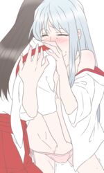 2girls ^_^ akagi_(kantai_collection) blush breasts brown_hair cleavage closed_eyes female fingerless_gloves gloves groin hand_in_panties kantai_collection long_hair multiple_girls navel no_bra no_pants off_shoulder open_clothes open_shirt panties pink_panties shirt shoukaku_(kantai_collection) side-tie_panties silver_hair skirt tears trembling udon_(shiratama) underwear yuri