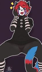 1boy anus arm_warmers balls blush bulge buttons clothing cosplay costume crossdressing feline five_nights_at_freddy's five_nights_at_freddy's_2 furry girly legwear makeup mammal marionette_(fnaf) open_mouth puppet_(fnaf) puppet_(fnaf)_(cosplay) reizo_(character) stockings stripes tongue tongue_out video_games yuniwolfsky