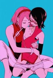 2girls age_difference ai_generated ass boruto:_naruto_next_generations dark_hair eyes_closed female female_focus female_only holding_another incest lesbian lesbian_sex maircy mother_and_daughter naruto naruto_(series) nipples sakura_haruno sarada_uchiha short_hair simple_background sitting small_breasts sucking_nipples thick thick_hips thick_legs waifu yuri