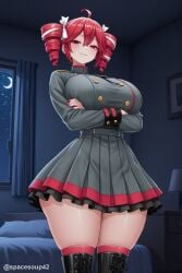 1girl ahoge ai_generated arms_under_breasts bangs bed bedroom blush boots breasts buttons closed_mouth crescent_moon crossed_arms curtains drill_hair grey_skirt hair_ribbon huge_breasts indoors kasane_teto large_breasts long_sleeves looking_at_viewer moon nail_polish night night_sky pleated_skirt red_eyes red_hair red_nails red_thighhighs ribbon skindentation skirt sky smile smug solo thick_thighs thigh_boots thighhighs thighs twin_drills twintails twitter_username utau vocaloid window