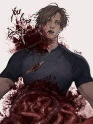 1boy bisected blank_stare blonde_hair blood blood_on_face blood_stain blue_shirt dead death empty_eyes extreme_gore gore guro highres leon_s._kennedy lying male_focus muscular muscular_male on_back organs parted_lips resident_evil resident_evil_4 shirt short_hair solo torn_clothes torn_shirt upper_body zombiyh