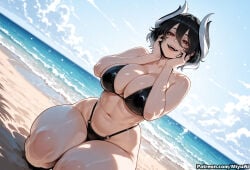 1girl :d ai_assisted ai_generated bangs bare_shoulders beach bikini black_bikini black_hair blue_sky breasts cleavage cloud curvaceous curvy curvy_female curvy_figure day female hair_between_eyes hand_on_own_cheek highleg_bikini looking_at_viewer made_in_abyss miyuai mole mole_under_eye navel ocean open_mouth outdoors ozen red_eyes sand shiny shiny_skin shore short_hair sitting skindentation sky smile solo stomach swimsuit thick thick_ass thick_butt thick_hips thick_legs thick_thighs thighs voluptuous voluptuous_female water waves wet wide_hips wide_thighs