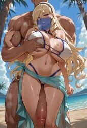 1boy 1girl ai_generated bangs bare_shoulders beach biceps bikini black_hairband blonde_hair blue_eyes blue_sky blush breast_grab breasts cameltoe celia_cumani_aintree cleavage clothed_female_nude_male clothing cloud copyright_name day deep_skin drill_hair duxvector erection feet_out_of_frame female grabbing grabbing_another's_breast grabbing_from_behind groping hair_between_eyes hairband halterneck hand_up head_out_of_frame hetero highleg highleg_bikini huge_breasts huge_penis large_breasts large_penis long_hair looking_at_viewer male manly mouth_veil muscular muscular_male navel nude o-ring o-ring_bikini o-ring_top ocean outdoors palm_tree penis s sand sarong sidelocks sky smile solo_focus standing stomach string_bikini sweat swimsuit teeth testicles thigh_gap thigh_sex thighs tree twin_drills veil veins veiny_arms veiny_breasts veiny_penis very_long_hair voluptuous walkure_romanze water wet white_bikini wide_hips