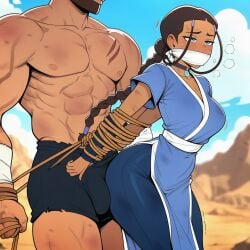 ai ai_generated ai_assisted prussia123 1girls avatar_the_last_airbender katara dark-skinned_female sexy sexy_female sexy_clothing curvy_figure curvy dress captured captured_heroine captured_female restrained rope rope_bondage sold_to_slavery slave 1boy dominant_male grinding_on_ass bulge