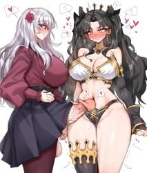 2girls ? absurdres black_hair black_panties black_skirt black_thighhighs blush breasts cleavage closed_mouth commentary_request coqua detached_sleeves dual_persona erection fate/grand_order fate/strange_fake fate_(series) flower futa_with_female futanari hair_flower hair_ornament heart highres huge_breasts huge_penis ishtar_(fate) ishtar_(fate/strange_fake) korean_commentary long_hair long_sleeves multiple_girls navel panties penis penis_on_stomach philia red_eyes selfcest simple_background single_detached_sleeve single_thighhigh skirt smile spoken_heart spoken_question_mark testicles thighhighs uncensored underwear white_background white_hair