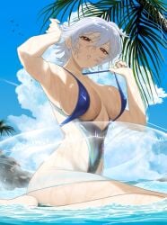 arm_up armpit armpit_crease beach big_breasts bikini canon_genderswap detailed_background female female_only full_body genderswap_(mtf) ginko_sakata gintama gintoki_sakata huge_breasts innertube kim_hyangjeong looking_at_viewer low-angle_view nipple_bulge one-piece_swimsuit outdoors pale-skinned_female pale_skin palm_tree red_eyes rule_63 short_hair sideboob sitting solo swimsuit water wet_body wet_hair wet_skin white_hair