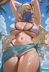 duxvector ai_generated celia_cumani_aintree walkure_romanze beach 1girl clothing female blonde_hair breasts swimsuit veil long_hair solo bikini mouth_veil looking_at_viewer navel smile thighs stomach blue_eyes drill_hair outdoors cameltoe armpits large_breasts white_bikini grin bangs blue_sky wet sky arms_up female_only highleg_bikini white_swimsuit day sweat underboob hairband blush highleg covered_nipples see-through cleavage cloud huge_breasts presenting_armpit skindentation twin_drills water arms_behind_head thick_thighs ocean black_hairband halterneck sarong from_below very_long_hair standing hair_between_eyes cowboy_shot parted_lips sideboob bare_shoulders palm_tree drill_sidelocks teeth