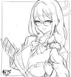 1girls akane_(blue_archive) akane_(school_uniform)_(blue_archive) blue_archive breasts cardigan female female_only glasses grin hair_over_shoulder halo hands_up large_breasts long_hair naughty_face open_clothes partially_unbuttoned phone plait presenting presenting_breasts revolverwingstudios school_uniform schoolgirl seductive shirt smartphone smile solo upper_body