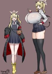 aged_up big_breasts blonde_hair blue_archive blush earring female female_only grown_up halo horns huge_breasts ibuki_(blue_archive) long_legs pandemonium_society_(blue_archive) pointy_ears school_uniform skirt succubus tail thick_thighs weeping_sacabam