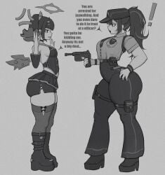 2girls absurdres angels_of_delusion ass ass_size_difference big_ass big_butt black_boots black_hair black_pants black_streaks black_thighhighs blunt_bangs boots breasts clozzy01 collared_shirt commentary curvy curvy_female english_commentary english_text facing_another from_side full_body greyscale gun hair_between_eyes halo hand_on_own_hip hand_up high_ponytail highres holding holding_gun holding_weapon huge_ass large_ass medium_breasts miniskirt monochrome multicolored_hair nangong_yu_(rhapsody's_muse)_(zenless_zone_zero) nangong_yu_(zenless_zone_zero) necktie pants ponytail shirt shorts sidelocks skirt standing streaked_hair thick_thighs thighhighs thighs twintails voluptuous voluptuous_female weapon wings zenless_zone_zero zhu_yuan