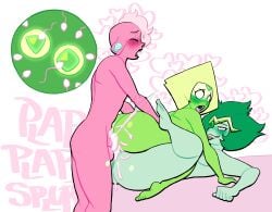 1boy 2girls 2girls1boy ass bed cartoon_network commissioner_upload cum_in_pussy emerald_(steven_universe) female gem gem_(species) gem_ovum green_hair green_skin grin impregnation lars_barriga lovetopullmicke male male/female multiple_ova penis peridot_(steven_universe) pink_hair pink_skin pussy size_difference sperm_meets_ovum steven_universe threesome vaginal_penetration