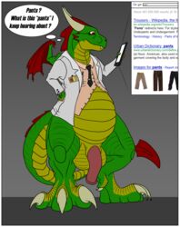 ajder balls belly bottomless chubby clothed clothing dracorex dragon google half-dressed horn lab_coat male necktie penis rangarig_rex red_eyes solo tagme thought_bubble tiny_wings