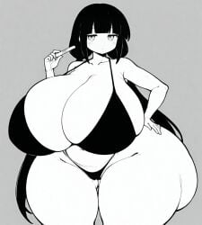 1girl addbd ai_generated ass_visible_through_thighs bikini blush breasts cleavage expressionless female gigantic_ass gigantic_breasts greyscale hand_on_hip highleg_bikini hyper inabakumori monochrome mv_character osage-chan positive_pregnancy_test pregnancy_test solo stable_diffusion thick_thighs wide_hips