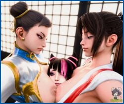 3girls breast_smother chun-li exposed_breasts juri_han large_breasts mai_shiranui partially_clothed sandwiched slymyguy street_fighter tagme