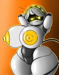 1girls belyasnikov big_boobs big_breasts boobs breasts female female_only grey_hair hands_behind_head huge_boobs huge_breasts murder_drones orange_background pussy robot robot_girl robot_humanoid solo solo_female solo_focus tail thick_thighs thighs v_(murder_drones) yellow_breasts yellow_eyes
