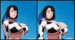 huge_breasts ydbunny bunny_ayumi vtuber vtuberfanart streamer cleavage cow_print bunny_ears blue_eyes neutral_expression musical_note black_hair simple_background bunny cheering navel midriff choker breast_expansion artist_signature artist_name sweatdrop blushing 1girls 6animals