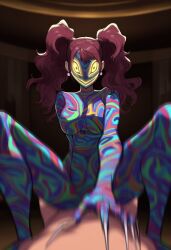 1female afrobull_(style) ai_art ai_generated blue_skin breasts creepy creepy_smile evil_smile glowing_eyes kujikawa_rise looking_at_viewer monster_girl nude nude_female persona persona_4 pink_hair sex_with_viewer shadow_rise smug solo straight straight_sex yellow_eyes