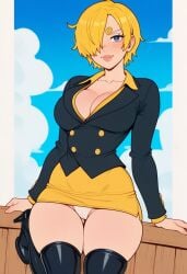 1girl 1girls ai ai_assisted ai_generated curvy curvy_figure female female_only genderbend genderswap miniskirt one_piece prussia123 sanji sanji_(one_piece) sexy sexy_body sexy_clothing sexy_female short_hair solo suit_jacket thigh_boots yellow_hair