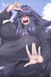 hex_maniac hex_maniac_(pokemon_legends:_z-a) 1girl absurdres blush breasts coolpsyco earrings female_focus hex_maniac_(pokemon) hex_maniac_(pokemon_xy) highres huge_breasts jewelry lipstick long_hair looking_at_viewer makeup matching_hair/eyes nintendo pokemon pokemon_x_and_y purple_eyes purple_hair ring solo sweat coolpsyco106