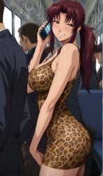 1girl ai_generated black_lagoon curvy curvy_female female fit_female leopard_print luger_982 minidress phone phone_call revy standing surrounded thick tight_clothing train