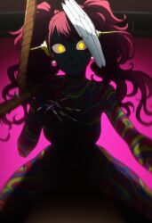 1female afrobull_(style) ai_art ai_generated blue_skin breasts creepy creepy_smile evil_smile glowing_eyes kujikawa_rise looking_at_viewer nude nude_female persona persona_4 pink_hair sex_with_viewer shadow_rise smug solo straight straight_sex transformation yellow_eyes