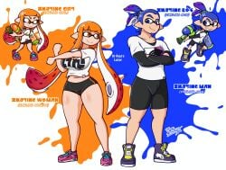 1boy 1girls aged_up blue_eyes blue_hair clothed_female clothed_female_clothed_male clothed_male_clothed_female female inkling inkling_boy inkling_girl john_(splatoon) kaori_(splatoon) male nintendo orange_eyes orange_hair shooter_(splatoon) splatoon splatoon_(series) splattershot thesoderaddict weapon