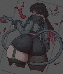 1girl alternate_eye_color animal_ears ass ass_focus black_hair breasts clozzy01 cropped_legs from_behind gloves high-waist_shorts highres huge_ass jacket jane_doe_(zenless_zone_zero) large_breasts long_hair looking_at_viewer looking_back mouse_ears mouse_girl mouse_tail multicolored_hair pantyhose red_eyes sharp_tail shorts tail thick_thighs thighs very_long_tail wide_hips zenless_zone_zero