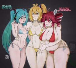 3girls akita_neru artist_name bikini blonde_hair blue_eyes cameltoe covered_nipples curvy curvy_figure cyan_hair drill_hair english_text gordon_freeman hair_ornament hand_on_ass hand_on_crotch hand_on_hip hatsune_miku hi_res imminent_fingering kasane_teto large_breasts lesbian medium_breasts navel plump ponytail ramen_mare red_eyes red_hair simple_background slim_female small_breasts standing string_bikini teasing triple_baka_(vocaloid) utau vocaloid whatsapp