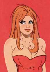 brian_shearer red_hair redhead ginger ginger_hair ginger_female orange_hair breasts big_breasts large_breasts huge_breasts cleavage cleavage_overflow red_dress strapless_dress bare_shoulders red_eyes