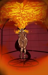 anthro breasts brown_skin demon female fire flat_chested horn nude petite pussy simple_background solo sovietcatparty vitiligo