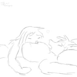 2015 animated anthro big_breasts breast_squish breast_sucking breastfeeding breasts bxulnooxgard closed_eyes dragon drooling female flayra fur hair heart huge_breasts lactation lagomorph mammal milk monochrome nipple_suck open_mouth pillow rabbit saliva sucking yuri