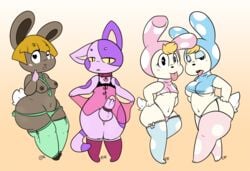 2015 animal_crossing anthro blush bob_(animal_crossing) bonbon_(animal_crossing) breasts brown_fur brown_nipples cat chrissy_(animal_crossing) collar crossdressing erection eyeshadow fanface feline female femboy francine_(animal_crossing) fur furry glans group half-dressed hands_on_hips humanoid_penis lagomorph lingerie makeup male mammal nintendo nipples panties penis piercing pose purple_fur rabbit shortstack simple_background teddy thighhighs tongue tongue_out tongue_piercing underwear