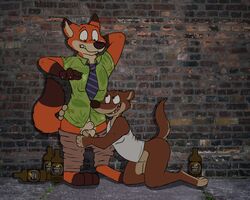 2boys 3_toes 4_fingers alcohol anthro balls beverage canine clothing disney duke_weaselton duo food fox gay grin hand_behind_head hand_on_hip kneeling male male_only mammal mustelid necktie nick_wilde pants pants_down pants_pull penis rotten_robbie sheath shirt tank_top toes undressing weasel yaoi zootopia