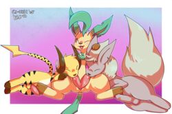 2015 animal_genitalia c1-11131 chibi_leafeon cum diphallia diphallism eeveelution erection fellatio feral flareon fur group group_sex hemipenes leafeon male multi_penis nintendo oral penis pokemon pokemon_(species) raichu sex skittles_(character) threesome verdilacs video_games yaoi