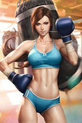 abs blue_boxing_gloves blue_eyes blue_gloves boxing boxing_gloves bra brown_hair cleavage female female_only gloves human navel ponytail punching_bag shorts solo sports_bra standing stanley_lau tied_hair