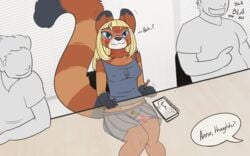 blonde_hair blue_eyes blush bottomless clothed clothing erect_nipples eyewear feretta feretta_(character) glasses half-dressed mammal meeting_room multicolored_fur pencil pussy red_panda sex_toy sex_toy_under_clothes shaking shirt skirt tank_top trembling vibrator vibrator_under_clothes