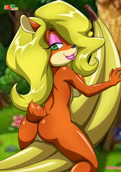 anthro banana bandicoot bbmbbf blonde_hair breasts crash_(series) female food fruit fur fur34 green_eyes hair half-closed_eyes looking_at_viewer looking_back makeup mammal marsupial nude orange_fur palcomix pussy smile solo tawna_bandicoot video_games