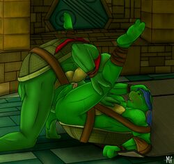 anal anal_sex anthro belt biceps brothers brown_eyes crouching duo erection green_skin incest kneeling leonardo lying madf-user male mask muscular ninja on_back open_mouth pads penetration penis raphael reptile scalie sex sibling teenage_mutant_ninja_turtles turtle yaoi