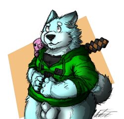 1boy abstract_background anthro balls bottomless canine chubby clothed clothing fully_sheathed half-dressed hoodie husky male male_only mammal minecraft pig_(minecraft) qmanshark sheath solo video_games