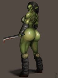 anatomy_fail ass bad_anatomy black_hair black_sclera breasts erzebetblah female full-length_portrait full_length gigantic_ass green_skin huge_ass huge_breasts large_breasts monster_girl muscular_female no_panties orc orc_female perky_breasts pointy_ears portrait pose sideboob slit_pupils solo solo_female standing sword thick_thighs thighs tusks weapon yellow_eyes