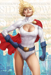 1girls alien alien_girl alien_look_like_human alien_only belt blonde_hair cape cleavage cleavage_cutout dc female female_only gloves leotard power_girl short_hair solo standing stanley_lau