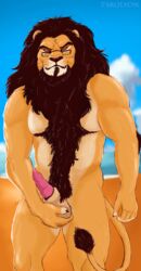 animal_genitalia anthro balls barbs beach black_mane body_hair eyewear facial_hair feline feline_penis glasses goatee happy_trail lion male male_only mammal mane muscular penis pose seaside sheath solo tarolyon