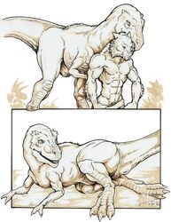 abs anthro armband being_watched chris_sawyer clothed clothing comic dinosaur feline feral forced_nudity forced_undressing furry half-dressed hunter interspecies larger_feral loincloth male mammal pants pants_down predator/prey prey_for_me_(comic) raptor saber-toothed_cat scalie size_difference smaller_male striptease toned topless undressing