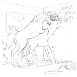 ambiguous_gender black_and_white breasts bucket centaur cum dotoro_(artist) duo_focus equine female feral feral_on_taur group horse human interspecies male mammal monochrome nude orgasm pitchfork sketch stable taur walk-in zoophilia