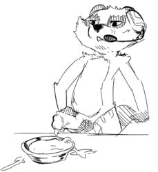 1boy clothing cum cum_drip cum_on_food dripping food headset male male_only mammal open_mouth penis raccoon sauce scoua_(artist) simple_background solo undressing white_background