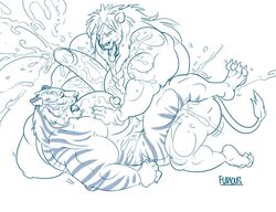 anthro cum feline furious_(artist) hyper lion male mammal monochrome muscular nipples original original_character penis tiger yaoi