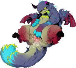 2014 blue_fur chubby demon dragon drooling female floof fur gaping gaping_pussy green_eyes hi_res horn hybrid m5-memyou masturbation memyou pussy pussy_juice red_fur saliva solo tongue tongue_out vaginal_masturbation what wings