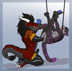 anal anal_fisting anthro balls bladerush_(character) dragon duo feline fisting foot_fetish foot_lick holly_marie_ogburn humanoid_penis licking male mammal mestiso_(character) penis suspension tiger tongue tongue_out yaoi