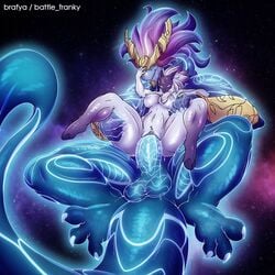 anthro anthro_on_anthro anthrofied aurelion_sol battle_franky blue_body blue_eyes breasts claws detailed_background dragon duo female female_on_top fluffy furry goat hand_on_hand hand_on_head hands_on_legs interspecies kindred lamb_(league_of_legends) league_of_legends male mask multicolored_fur multicolored_hair muscular muscular_male nipples penis pleasure_face purple_fur purple_hair pussy pussy_juice riot_games saliva sex smile straight tail testicles vagina vaginal_penetration white_fur white_hair